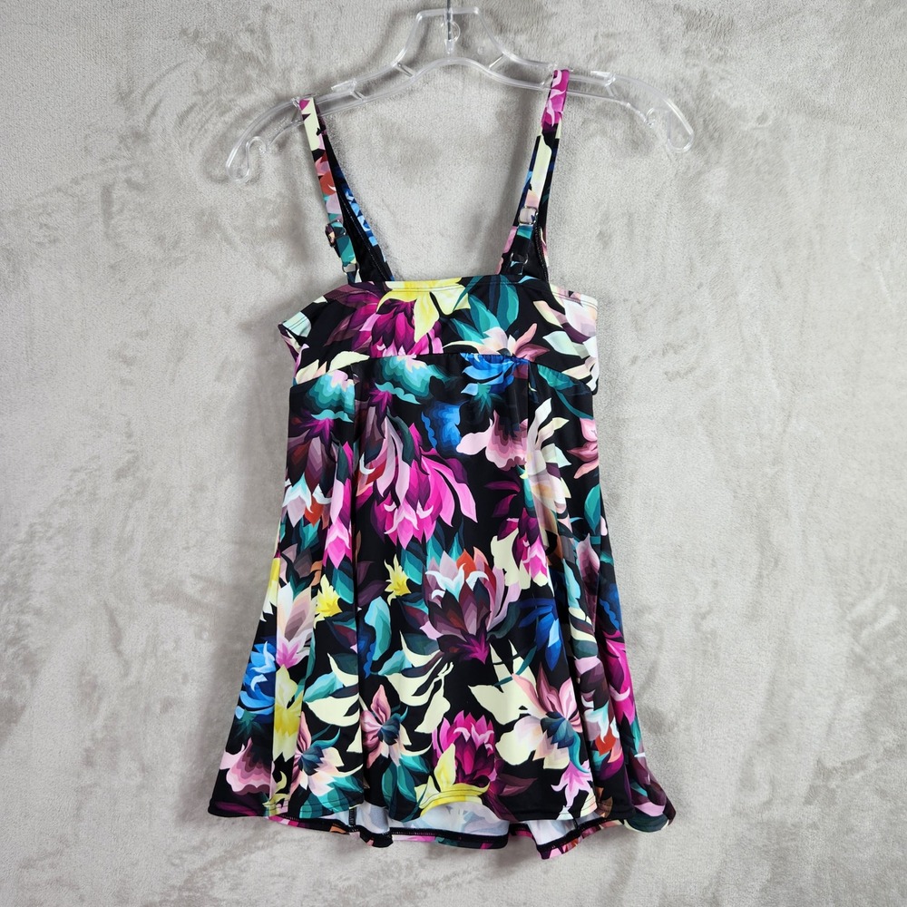 Swim Solutions Womens Bow Front Swim Dress Black Floral One Piece Swimsuit 8 NEW - Picture 2 of 7
